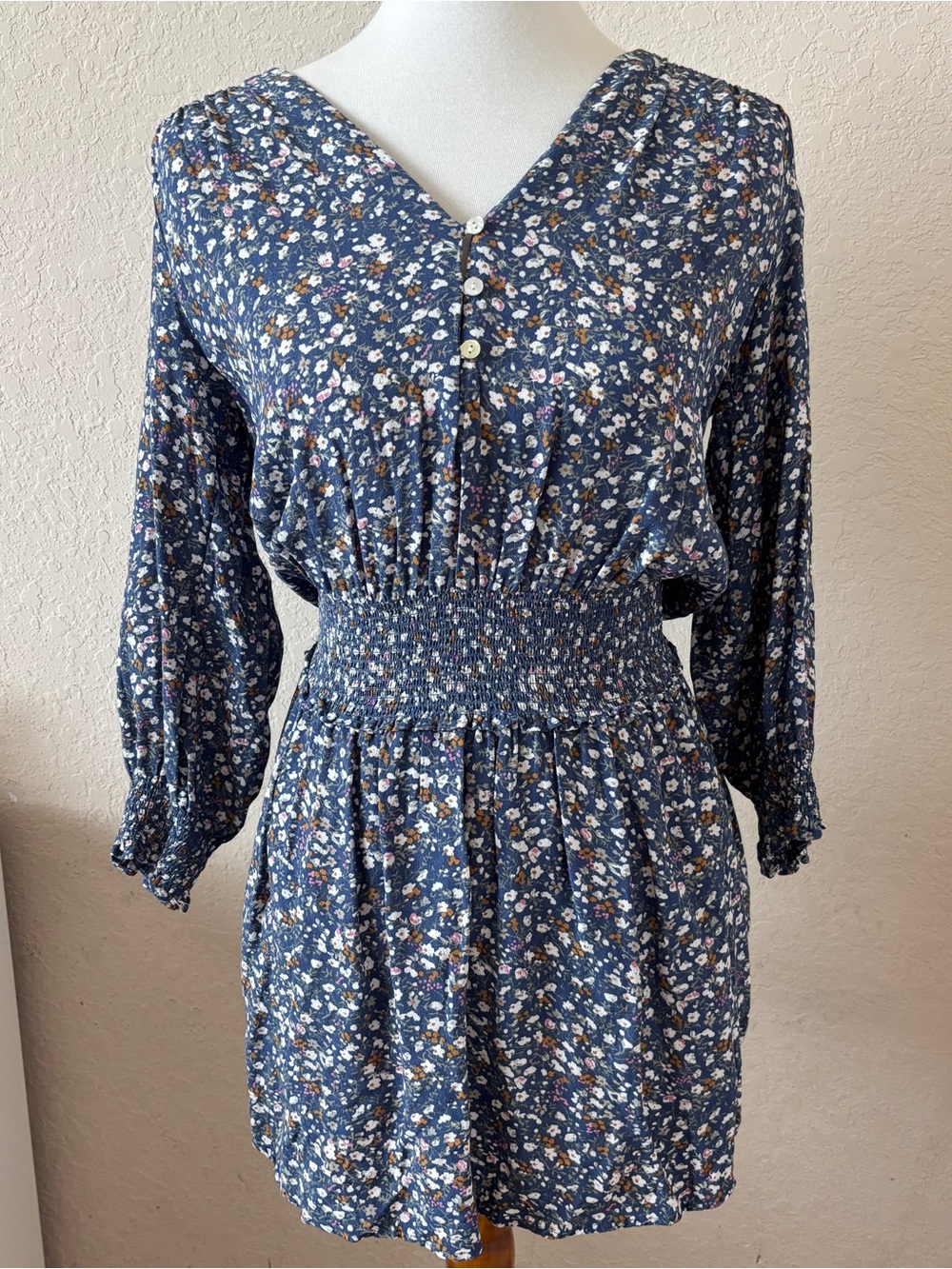 Rails Zana Boho Blue Ditzy Floral Cottagecore Smocked Waist Mini Dress Medium - Picture 2 of 7
